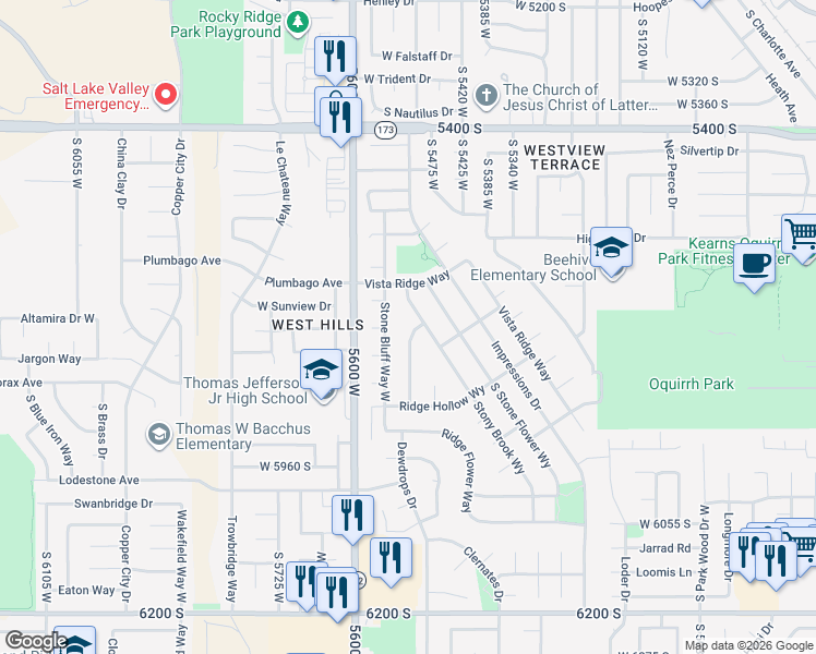 map of restaurants, bars, coffee shops, grocery stores, and more near 5580 Crest Flower Way in Kearns
