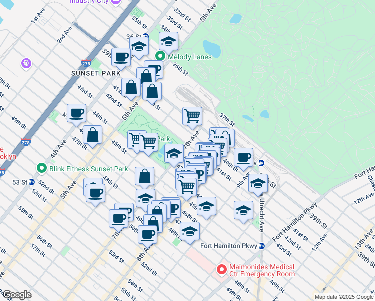 map of restaurants, bars, coffee shops, grocery stores, and more near 4109 7 Avenue in Brooklyn