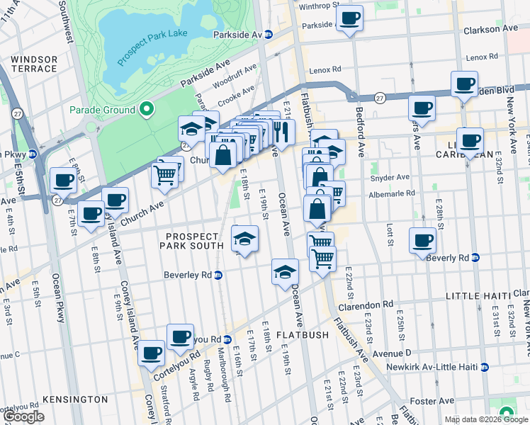 map of restaurants, bars, coffee shops, grocery stores, and more near E 19th St & Albemarle Rd in Brooklyn
