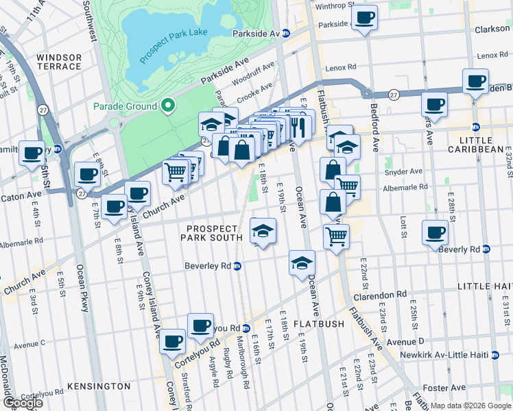 map of restaurants, bars, coffee shops, grocery stores, and more near 1701 Albemarle Road in Brooklyn