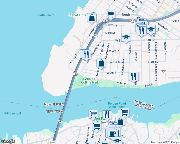 map of restaurants, bars, coffee shops, grocery stores, and more near 15 Point View Terrace in Bayonne