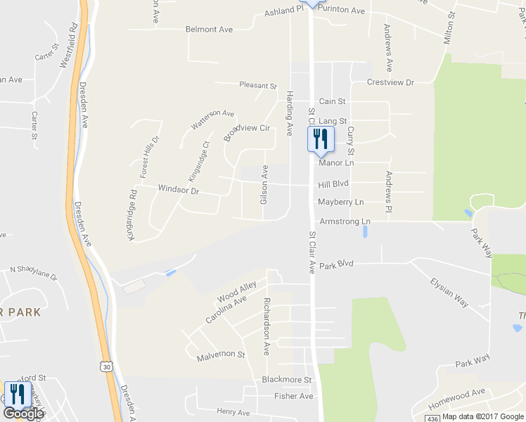 map of restaurants, bars, coffee shops, grocery stores, and more near 3014 Gilson Avenue in East Liverpool