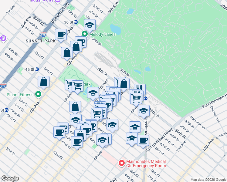 map of restaurants, bars, coffee shops, grocery stores, and more near 754 40th Street in Brooklyn