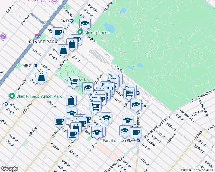 map of restaurants, bars, coffee shops, grocery stores, and more near 754 40th Street in Brooklyn