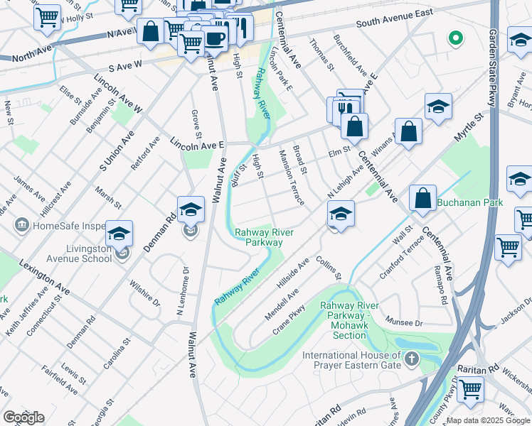 map of restaurants, bars, coffee shops, grocery stores, and more near 508 High Street in Cranford