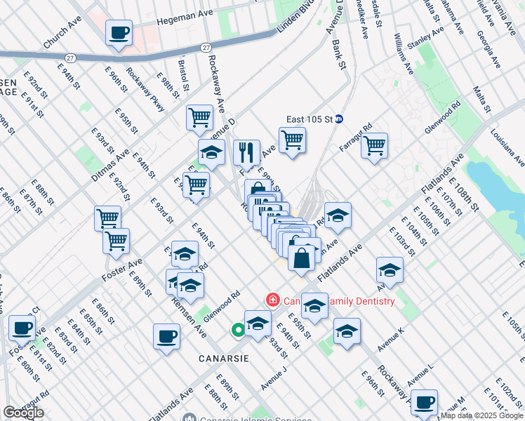 map of restaurants, bars, coffee shops, grocery stores, and more near 9717 Farragut Road in Brooklyn