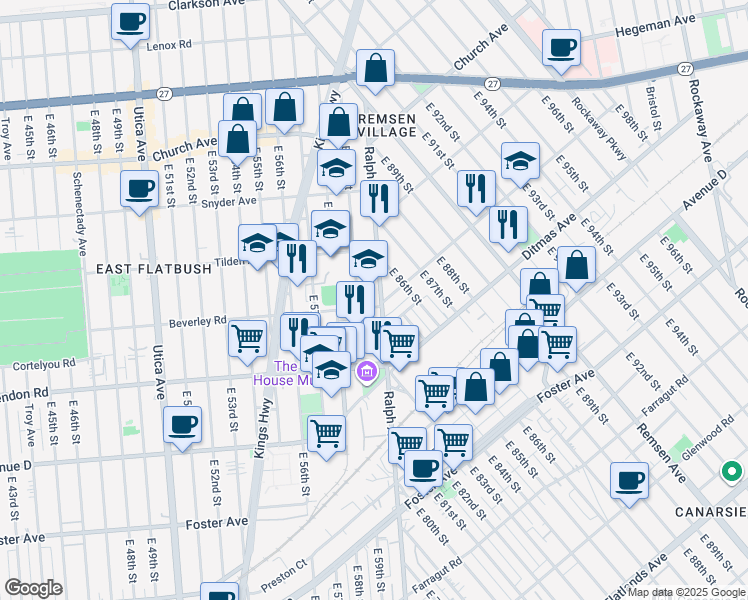 map of restaurants, bars, coffee shops, grocery stores, and more near 5909 Beverley Road in Brooklyn