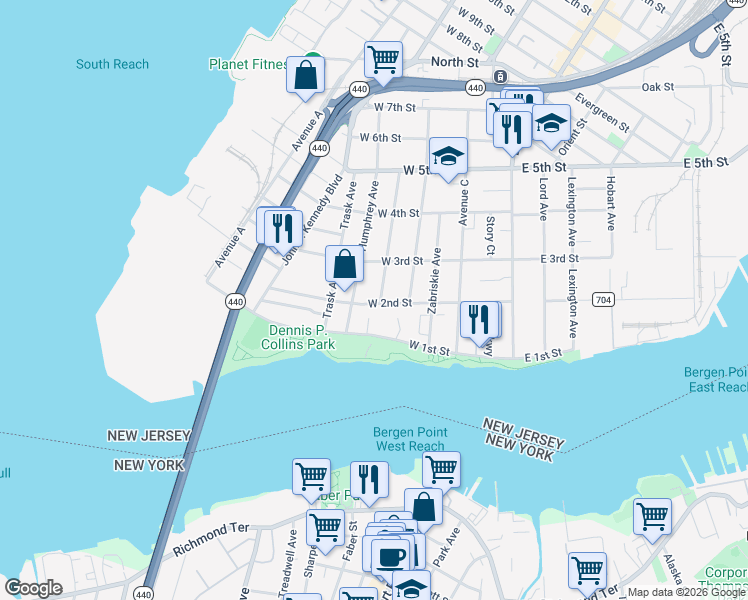 map of restaurants, bars, coffee shops, grocery stores, and more near 109 West 2nd Street in Bayonne