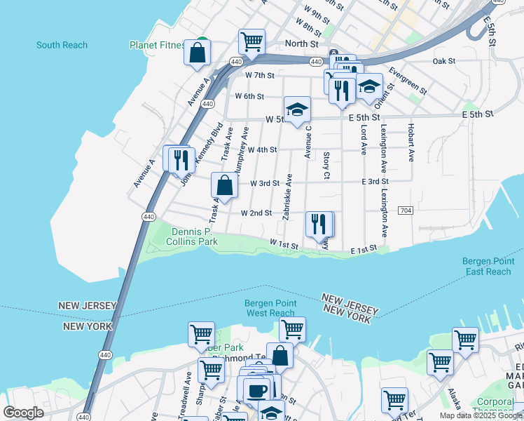 map of restaurants, bars, coffee shops, grocery stores, and more near 85 West 2nd Street in Bayonne