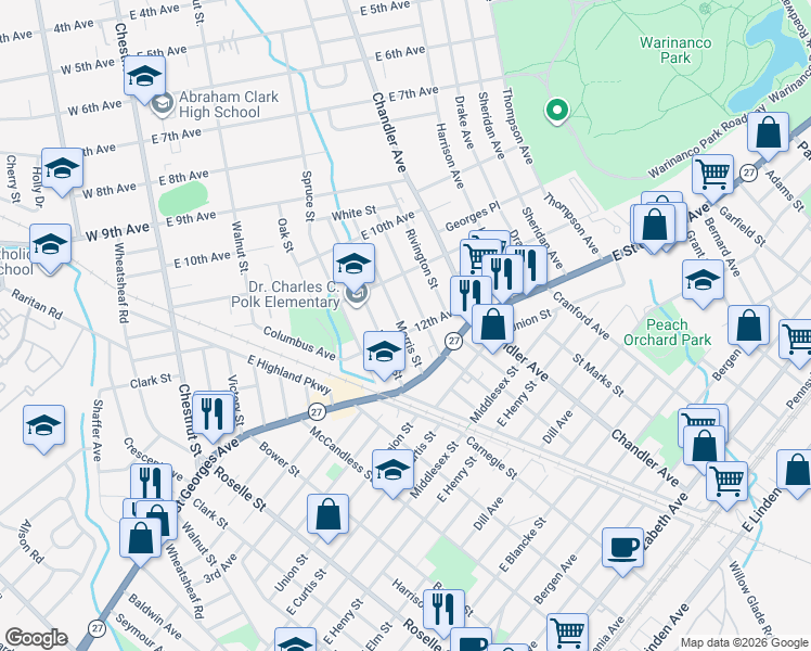 map of restaurants, bars, coffee shops, grocery stores, and more near 1262 12th Avenue in Roselle