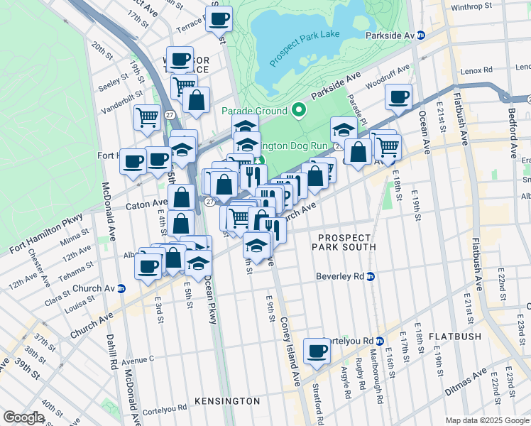 map of restaurants, bars, coffee shops, grocery stores, and more near 445 Coney Island Avenue in Brooklyn