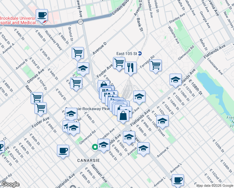 map of restaurants, bars, coffee shops, grocery stores, and more near 610 East 99th Street in Brooklyn
