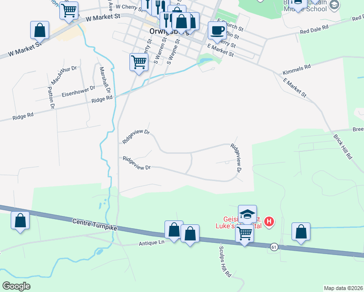 map of restaurants, bars, coffee shops, grocery stores, and more near 3020 Ridgeview Drive in Orwigsburg