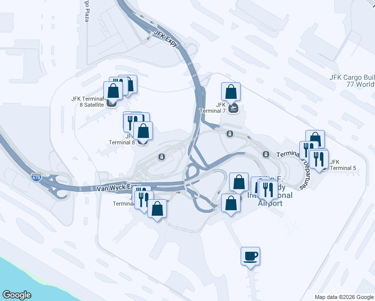 map of restaurants, bars, coffee shops, grocery stores, and more near JFK Expy in Queens