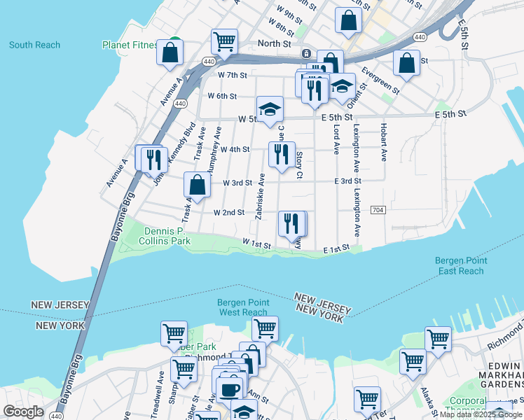map of restaurants, bars, coffee shops, grocery stores, and more near 59 West 2nd Street in Bayonne