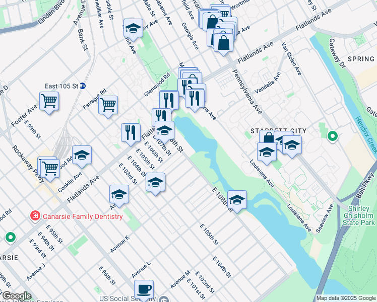 map of restaurants, bars, coffee shops, grocery stores, and more near 1031 East 108th Street in Brooklyn
