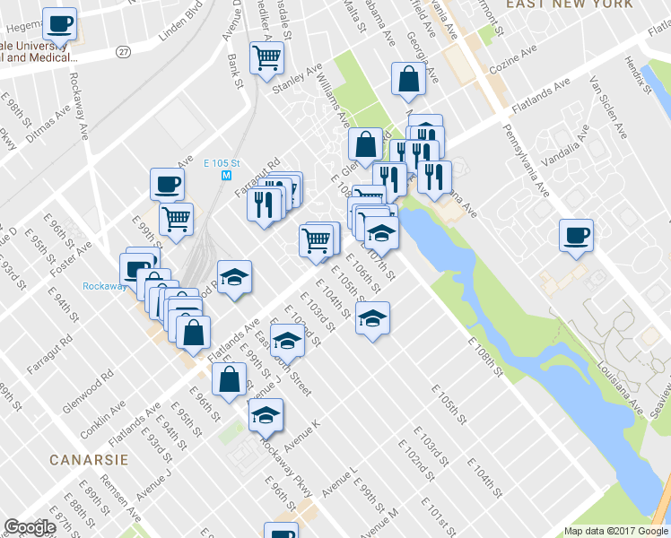 map of restaurants, bars, coffee shops, grocery stores, and more near 918 E 105th St in Brooklyn
