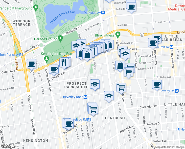 map of restaurants, bars, coffee shops, grocery stores, and more near 1701 Albemarle Road in Brooklyn