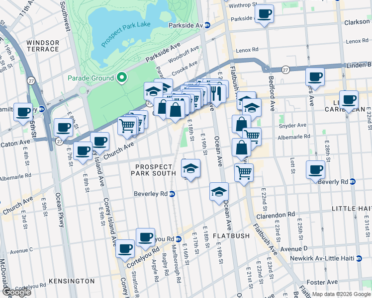 map of restaurants, bars, coffee shops, grocery stores, and more near 1701 Albemarle Road in Brooklyn