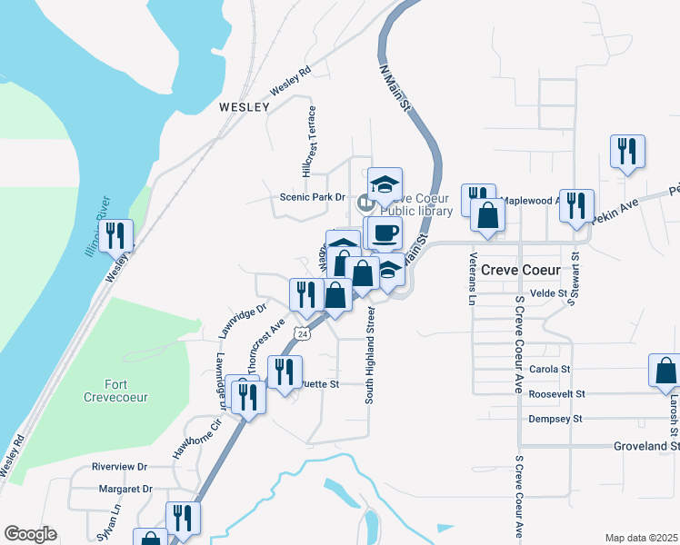 map of restaurants, bars, coffee shops, grocery stores, and more near 209 North Thorncrest Avenue in Creve Coeur