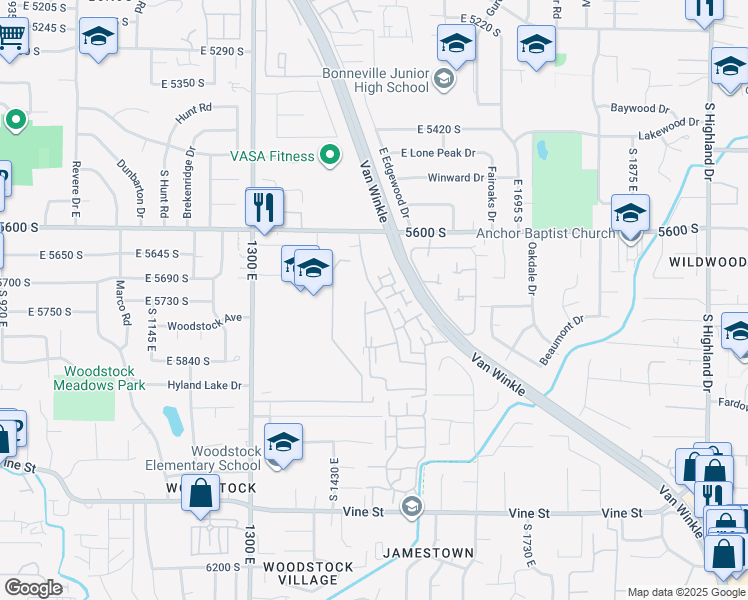 map of restaurants, bars, coffee shops, grocery stores, and more near 5795 South 1585 East in Murray