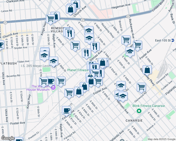 map of restaurants, bars, coffee shops, grocery stores, and more near 856 Remsen Avenue in Brooklyn