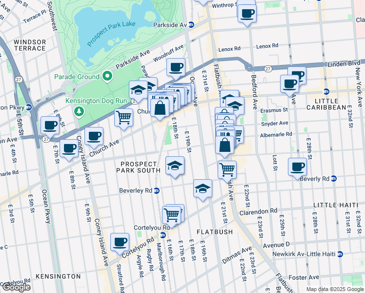 map of restaurants, bars, coffee shops, grocery stores, and more near 1809 Albemarle Road in Brooklyn