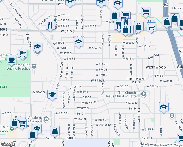 map of restaurants, bars, coffee shops, grocery stores, and more near 4340 West 5740 South in Kearns