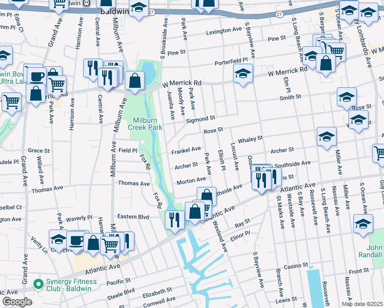 map of restaurants, bars, coffee shops, grocery stores, and more near 25 Frankel Avenue in Freeport