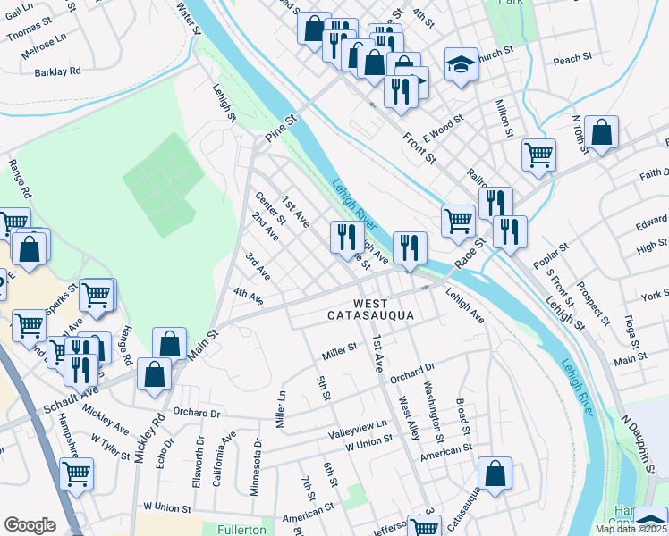 map of restaurants, bars, coffee shops, grocery stores, and more near 2012 North 1st Avenue in Lehigh County