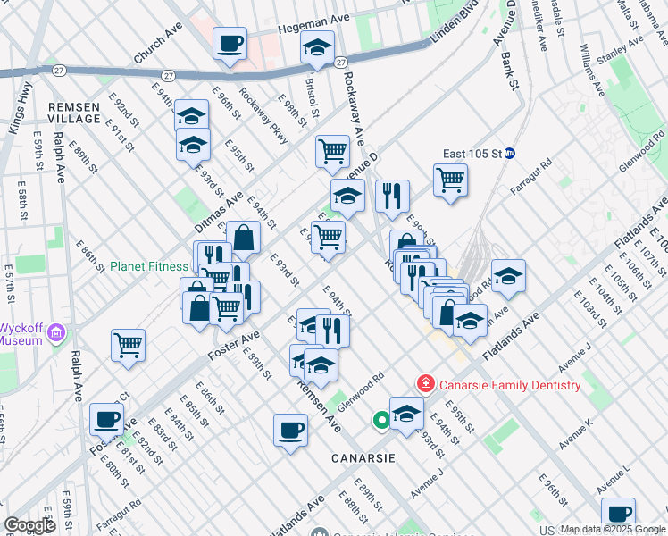 map of restaurants, bars, coffee shops, grocery stores, and more near Foster Avenue & East 95th Street in Brooklyn