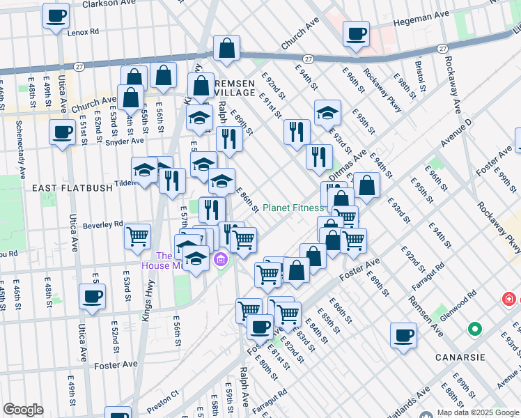 map of restaurants, bars, coffee shops, grocery stores, and more near 231 East 86th Street in Brooklyn