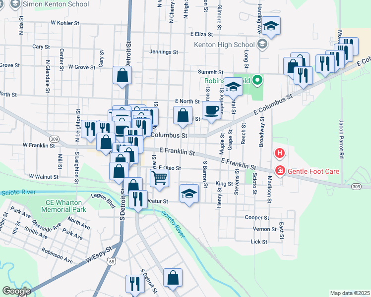 map of restaurants, bars, coffee shops, grocery stores, and more near 407 East Franklin Street in Kenton