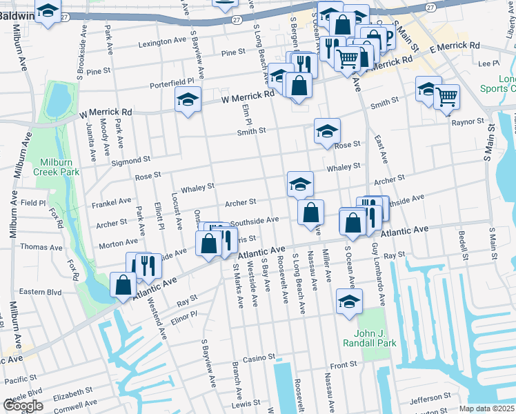 map of restaurants, bars, coffee shops, grocery stores, and more near 118 Roosevelt Avenue in Freeport