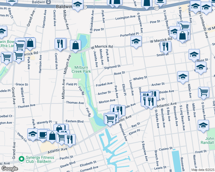 map of restaurants, bars, coffee shops, grocery stores, and more near 25 Frankel Avenue in Freeport