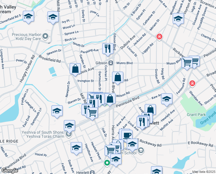map of restaurants, bars, coffee shops, grocery stores, and more near 388 Cochran Place in Valley Stream