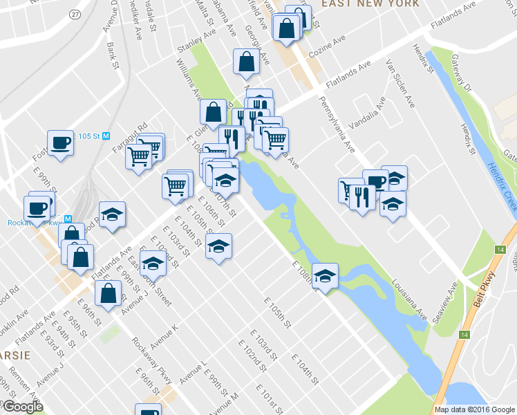 map of restaurants, bars, coffee shops, grocery stores, and more near 1031 East 108th Street in Brooklyn
