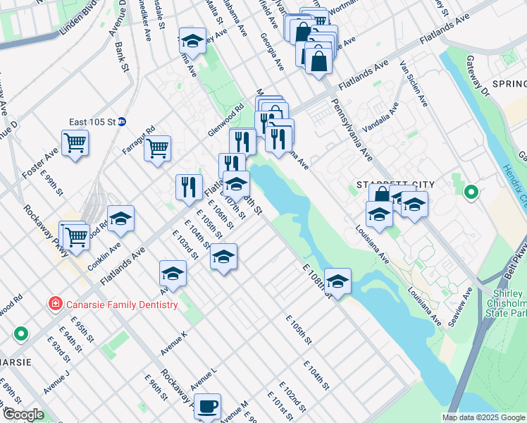 map of restaurants, bars, coffee shops, grocery stores, and more near 1031 East 108th Street in Brooklyn