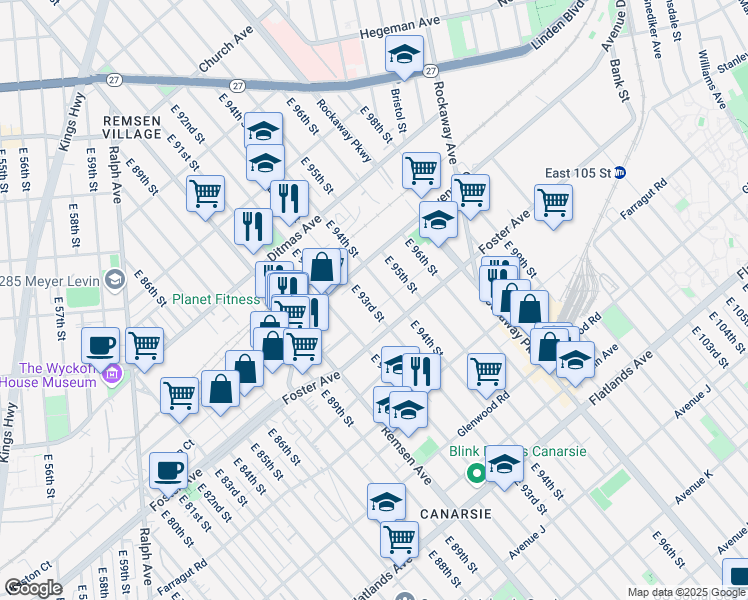 map of restaurants, bars, coffee shops, grocery stores, and more near 891 East 93rd Street in Brooklyn
