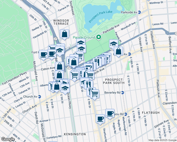 map of restaurants, bars, coffee shops, grocery stores, and more near 445 Coney Island Avenue in Brooklyn