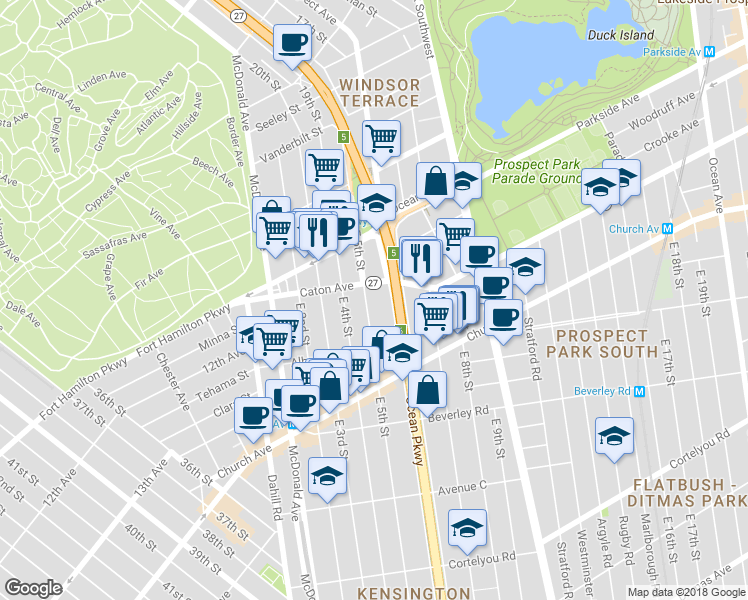 map of restaurants, bars, coffee shops, grocery stores, and more near 132 Ocean Parkway in Brooklyn