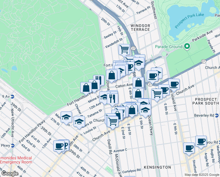 map of restaurants, bars, coffee shops, grocery stores, and more near 202 Caton Avenue in Brooklyn