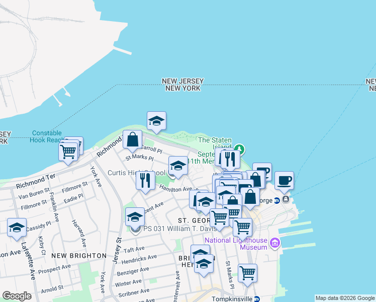 map of restaurants, bars, coffee shops, grocery stores, and more near 216 Richmond Terrace in Staten Island