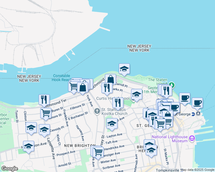 map of restaurants, bars, coffee shops, grocery stores, and more near 33 Carroll Place in Staten Island