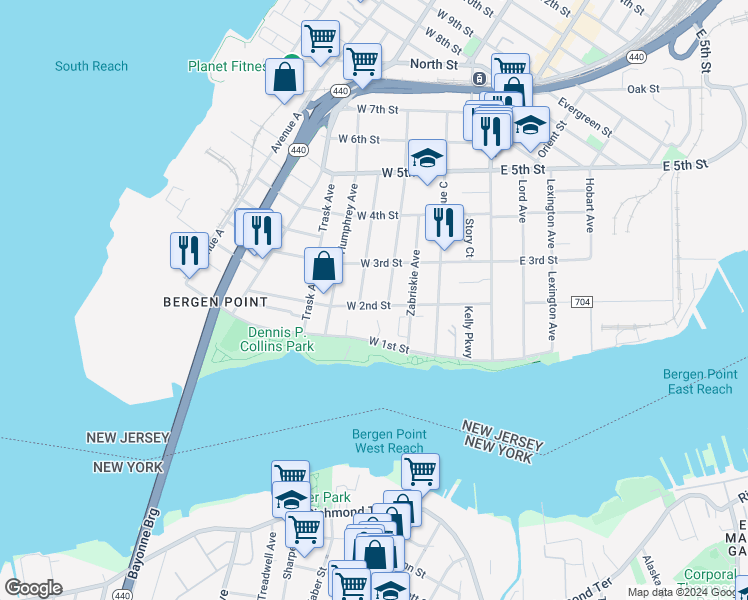 map of restaurants, bars, coffee shops, grocery stores, and more near 85 West 2nd Street in Bayonne