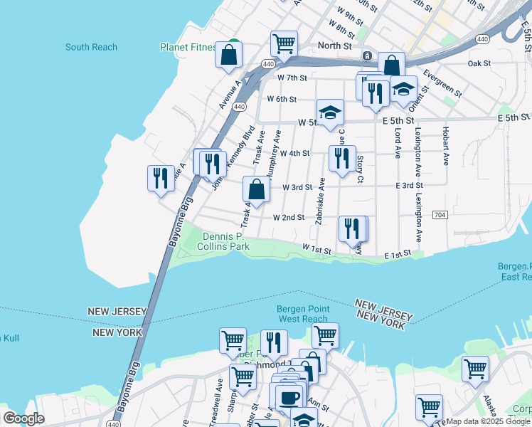 map of restaurants, bars, coffee shops, grocery stores, and more near 109 West 2nd Street in Bayonne