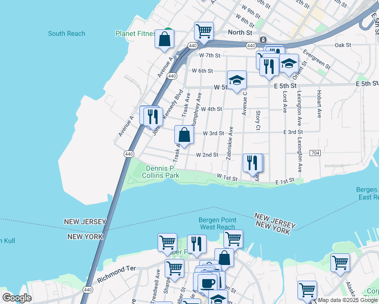 map of restaurants, bars, coffee shops, grocery stores, and more near 109 West 2nd Street in Bayonne