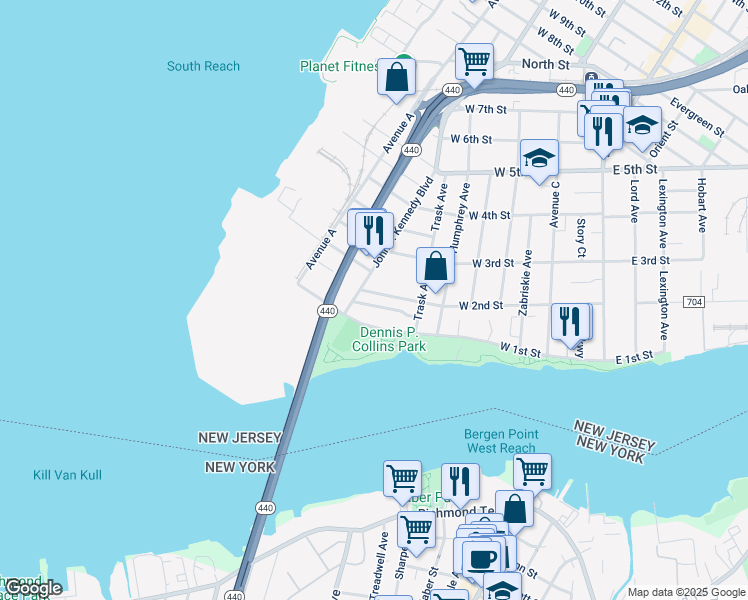 map of restaurants, bars, coffee shops, grocery stores, and more near 15 Point View Terrace in Bayonne