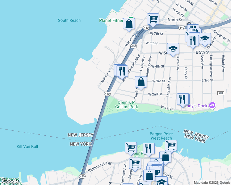 map of restaurants, bars, coffee shops, grocery stores, and more near 2 John F. Kennedy Boulevard in Bayonne