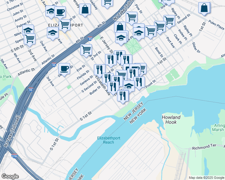 map of restaurants, bars, coffee shops, grocery stores, and more near 47 Marshall Street in Elizabeth